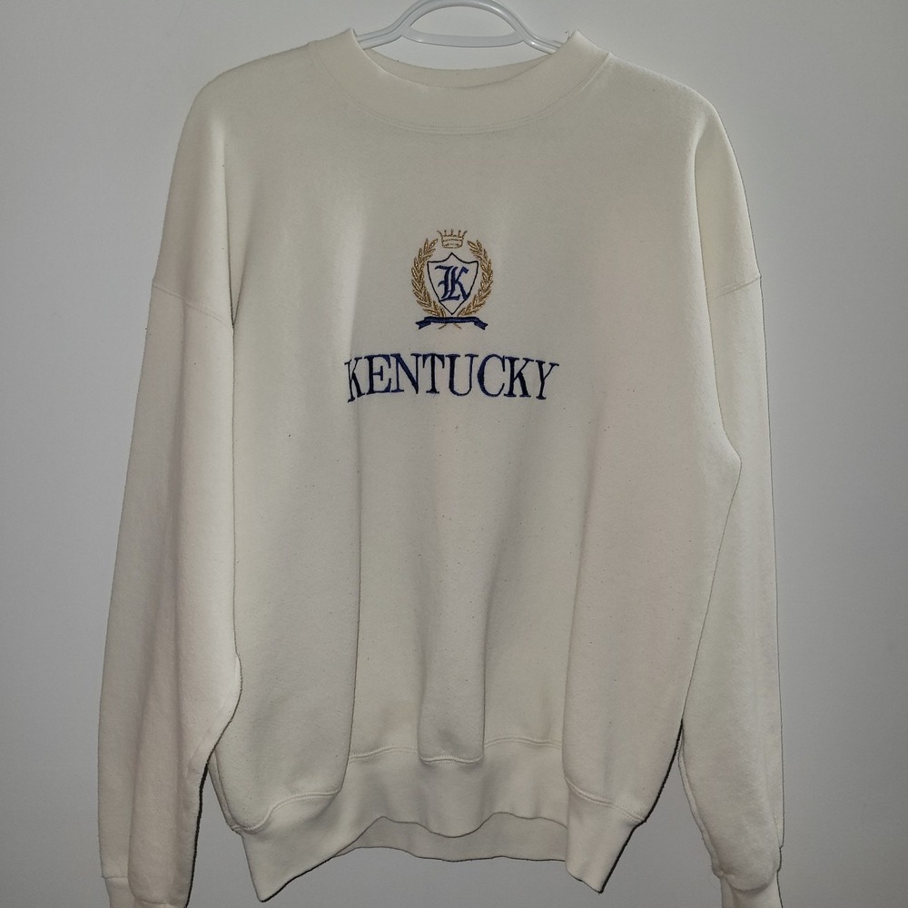 Vintage 90s Kentucky Wildcats Embroidered Crest Crewneck Sweatshirt Ivory XL USA